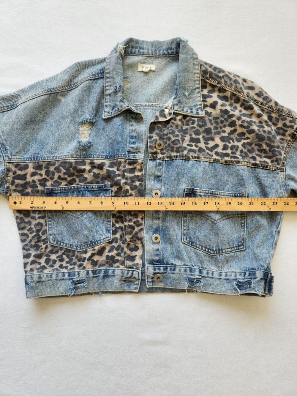 POL Leopard Print Denim Jacket Distressed Cropped Casual Glam Boho Cute Fall - Picture 6 of 6